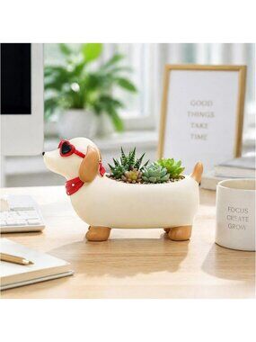 Creative Dachshund Planter Pot - Lightweight Resin, Drainage Hole, Succulent
